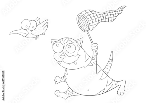 The cat runs with a net and catches a bird isolated on white background. Vector illustration