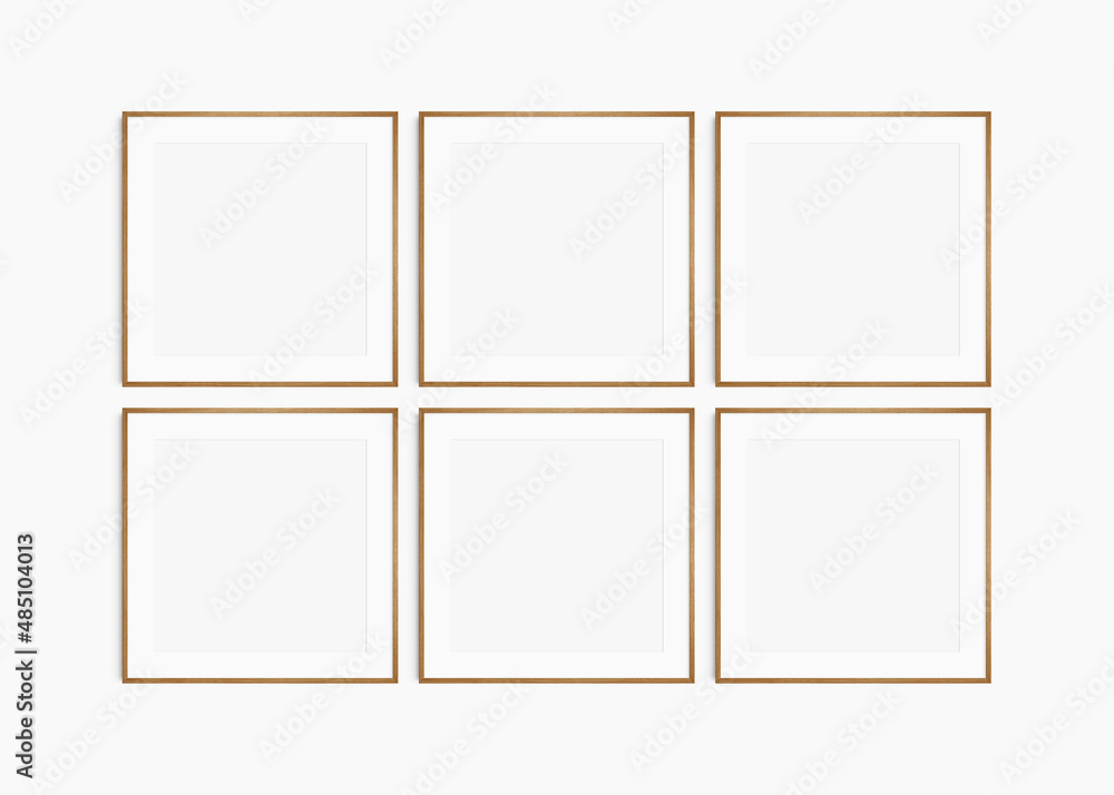 Frame mockup 1:1 square. Set of six thin cherry wood frames. Clean, modern, minimalist, bright gallery wall mockup, set of 6 square frames with a mat opening. Frame mockup 1:1 square. Set of six thin cherry wood frames. Clean, modern, minimalist, bright gallery wall mockup, set of 6 square frames with a mat opening.