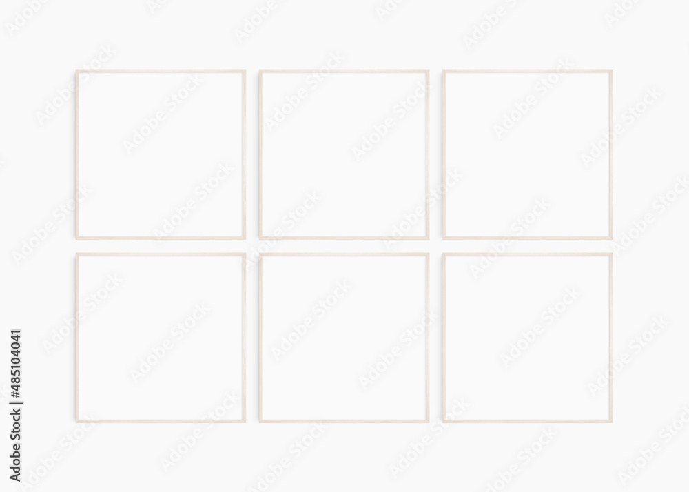 Frame mockup 1:1 square. Set of six thin light wood frames. Clean, modern, minimalist, bright gallery wall mockup, set of 6 square frames. Frame mockup 1:1 square. Set of six thin light wood frames. Clean, modern, minimalist, bright gallery wall mockup, set of 6 square frames.