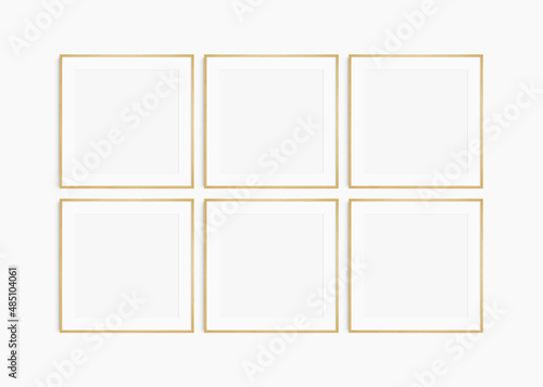 Frame mockup 1:1 square. Set of six thin oak wood frames. Clean, modern, minimalist, bright gallery wall mockup, set of 6 square frames with a mat opening.