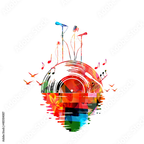 Colorful LP vinyl record disc for live jazz, blues, rock concert events, music festivals and shows, karaoke party flyer. Musical poster for summer beach party with microphones vector illustration