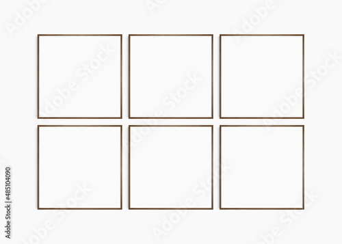 Frame mockup 1:1 square. Set of six thin dark walnut wood frames. Clean, modern, minimalist, bright gallery wall mockup, set of 6 square frames.