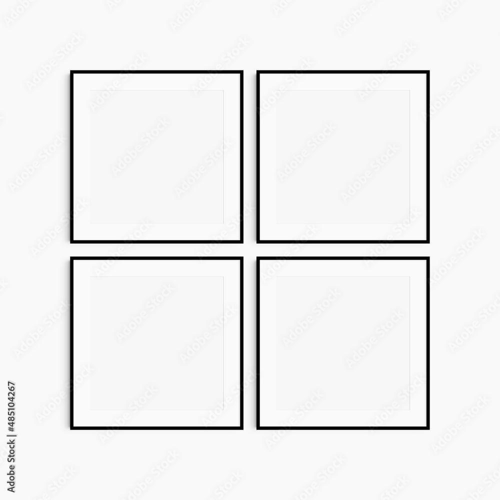 Frame mockup 11 square. Set of four thin black square frames. Clean, modern, minimalist, bright