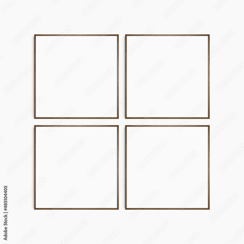 Frame mockup 1:1 square. Set of four thin dark walnut wood frames. Clean, modern, minimalist, bright gallery wall mockup, set of 4 square frames. Frame mockup 1:1 square. Set of four thin dark walnut wood frames. Clean, modern, minimalist, bright gallery wall mockup, set of 4 square frames.