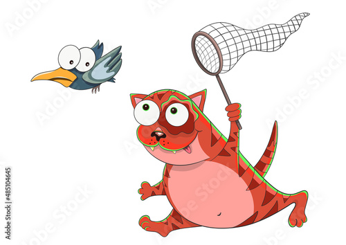 The cat runs with a net and catches a bird isolated on white background. Vector illustration