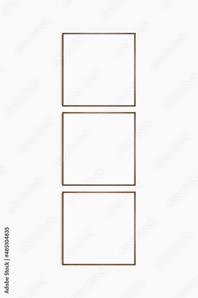 Frame mockup 1:1 square. Set of three thin dark walnut wood frames. Clean, modern, minimalist, bright gallery wall mockup, set of 3 square frames. Frame mockup 1:1 square. Set of three thin dark walnut wood frames. Clean, modern, minimalist, bright gallery wall mockup, set of 3 square frames.
