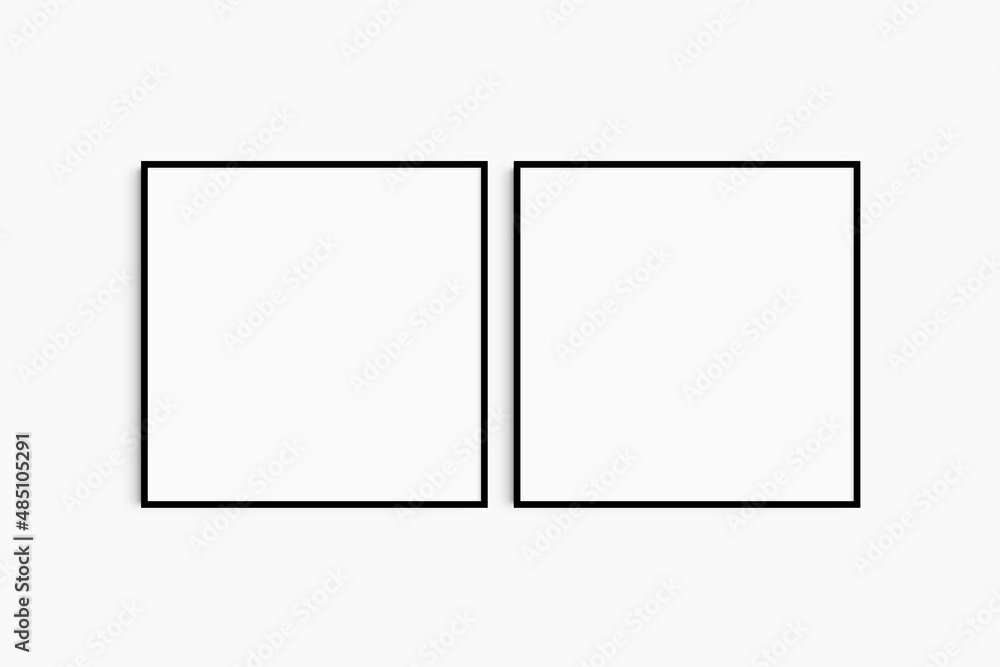 Frame mockup 1:1 square. Set of two thin black square frames. Clean, modern, minimalist, bright gallery wall mockup, set of 2 frames.