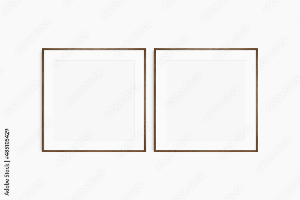 Frame mockup 1:1 square. Set of two thin dark walnut wood frames. Clean, modern, minimalist, bright gallery wall mockup, set of 2 square frames with a mat opening. Frame mockup 1:1 square. Set of two thin dark walnut wood frames. Clean, modern, minimalist, bright gallery wall mockup, set of 2 square frames with a mat opening.