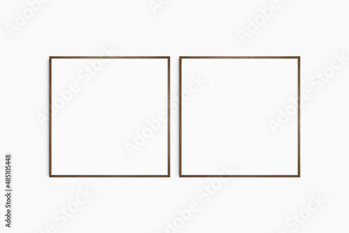 Frame mockup 1:1 square. Set of two thin dark walnut wood frames. Clean, modern, minimalist, bright gallery wall mockup, set of 2 square frames.