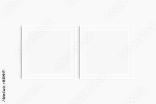 Frame mockup 1:1 square. Set of two thin white square frames. Clean, modern, minimalist, bright gallery wall mockup, set of 2 frames with a mat opening.