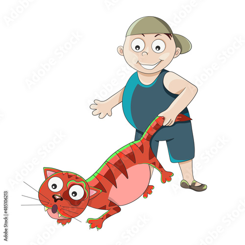 Boy pulls the cat by the tail. Hooligan. Bad behavior isolated on white background. Vector illustration