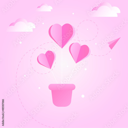 Valentine's day on a pink background with hot air balloons, a flying plane and heart shaped clouds.Illustration for greeting cards, paper packaging, posters and design.