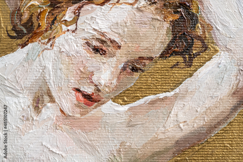 Fragment of  nude attractive young woman, created in details and color nuances.  Oil painting on golden canvas.