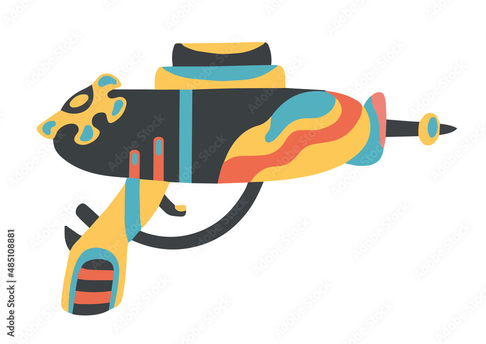Blaster flat icon. Laser blaster gun icon on white background. Futuristic space weapon. Cosmic army raygun equipment. Virtual reality shooting device vector illustration