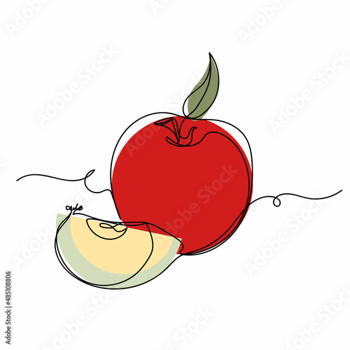 Vector abstract continuous one single simple line drawing icon of apple and half in silhouette sketch on white background.