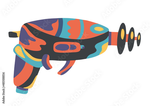 Blaster flat icon. Laser blaster gun icon on white background. Futuristic space weapon. Cosmic army raygun equipment. Virtual reality shooting device vector illustration