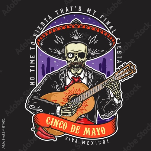 Mexican skeleton with guitar badge