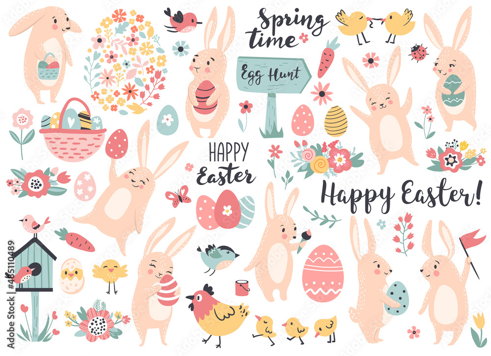 Foto Easter and spring set with cute bunnies, chickens, and easter eggs