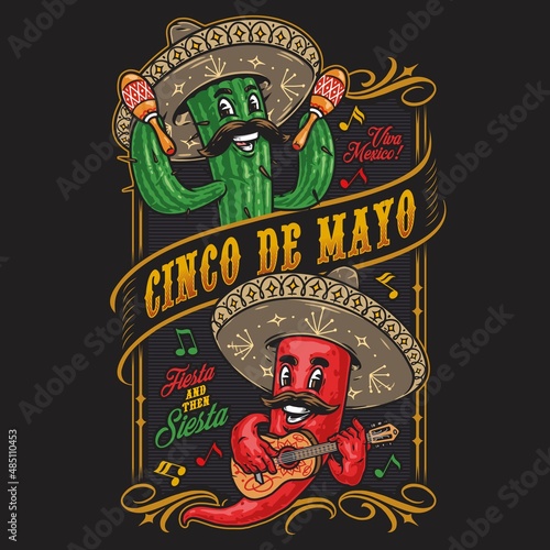 Cactus and chili pepper with musical instruments