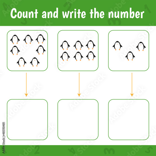 Educational worksheet for preschool kids. Count and match. Math game for children.