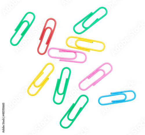 Multi-colored paper clips isolated on a white