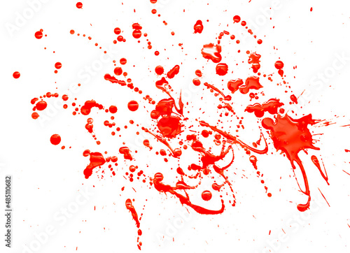 Drops of red paint on a white background.