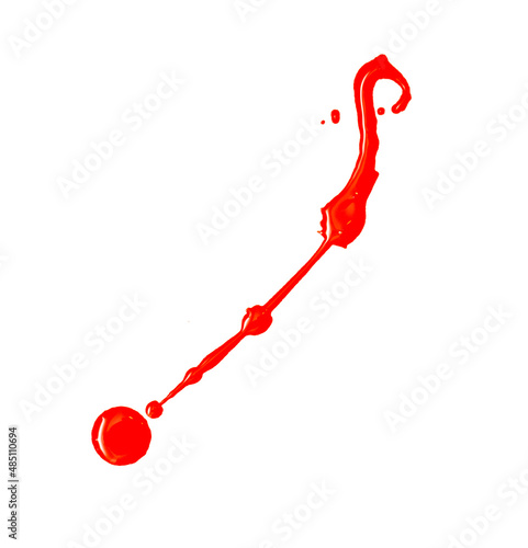 Drops of red paint on a white background.