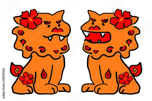手描きの沖縄のシーサーとハイビスカス　イラスト素材