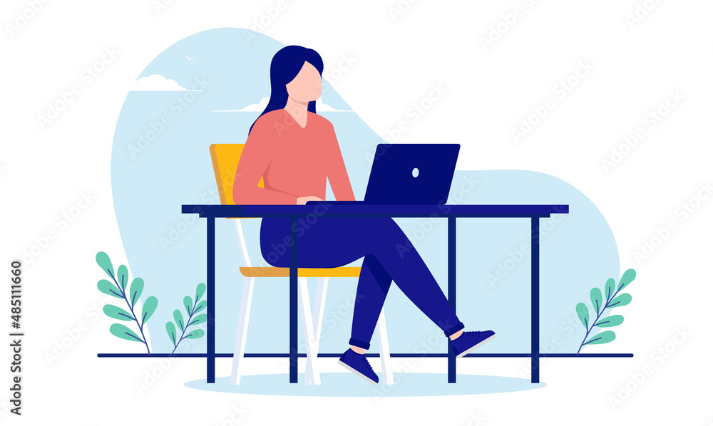 Woman working on computer at desk - Businesswoman in casual clothing with laptop, vector illustration with white background
