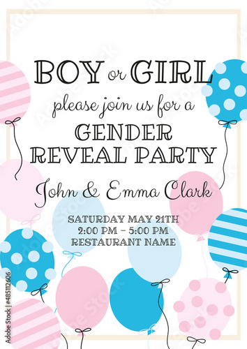 invitation to gender reveal party,  boy or a girl. cute, delicate design with balloons 
