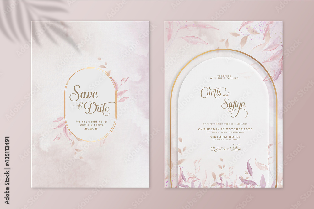 Geometric Wedding Invitation Template with Pink Leaves Geometric Wedding Invitation Template with Pink Leaves