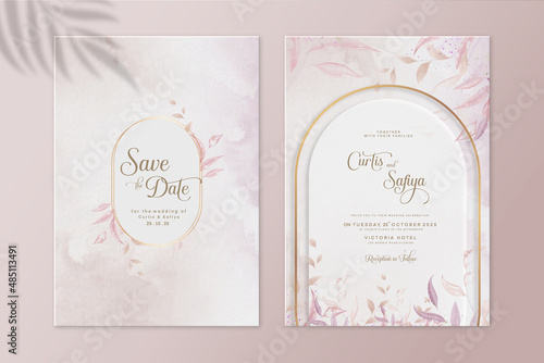 Geometric Wedding Invitation Template with Pink Leaves