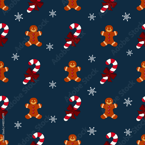 Christmas pattern, cute gingerbread, lollipop, snowflake. Illustration for greeting cards, paper packaging, posters and seasonal designs.