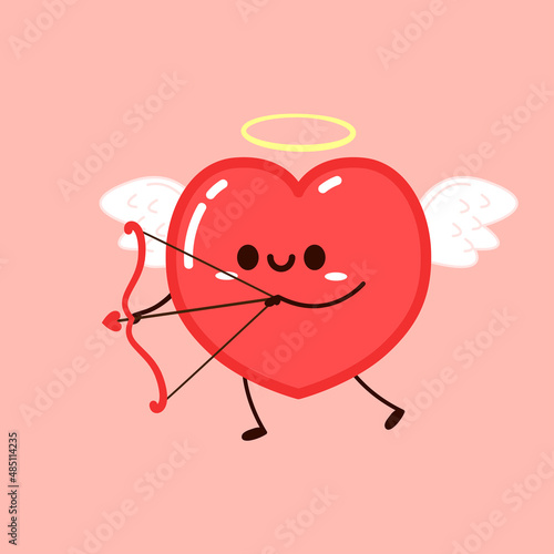 Cute Heart flying on white wings. Vector set Heart character on white background. Romantic flat style Valentine's Day illustrations to express feelings of love.