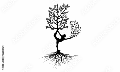 Woman Yoga pose with tree and bird Graphic for T-Shirt Design , Poster, Mug, calendar, book cover. yoga vector.