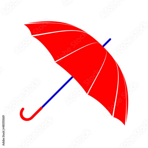 A bright red umbrella with a long handle on a white background lies on its side. Accessory for bad wet weather in the rainy and snowy season. Umbrella silhouette icon for apps, sites. Vector.