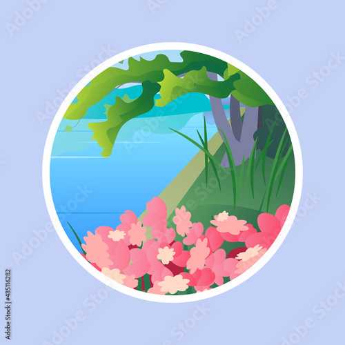 Spring river and blooming trees landscape for banner, web site, social media. Editable vector illustration with summer camping