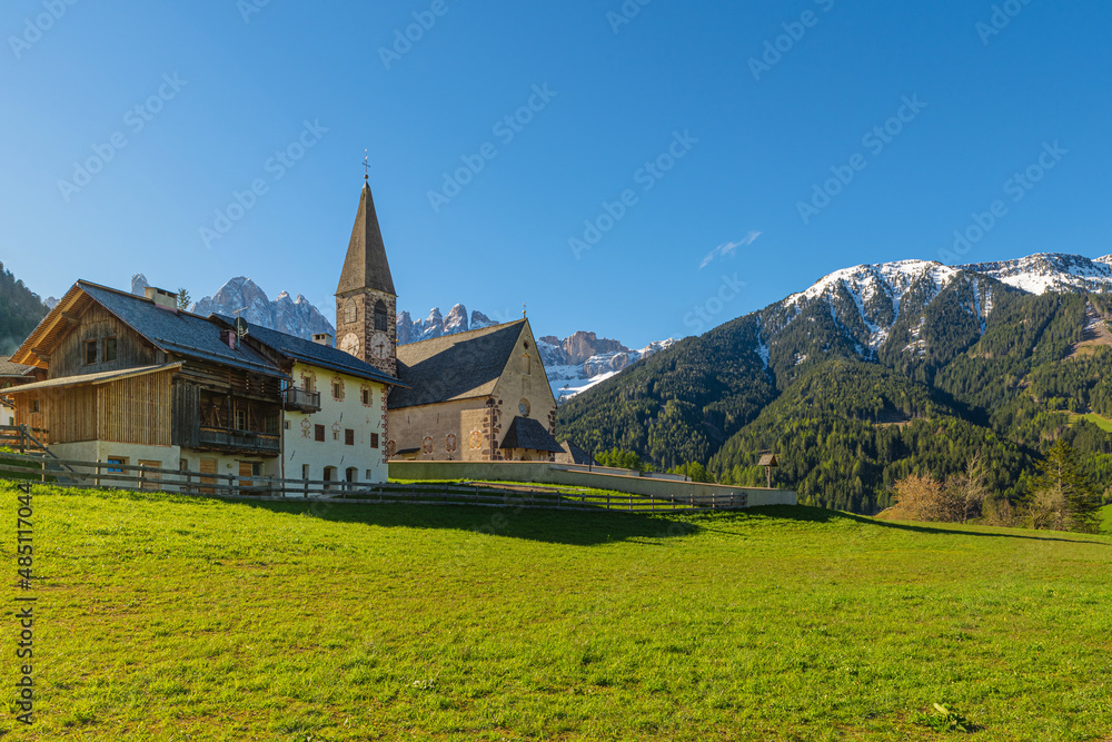 View of Val di Funes with the Church of Santa Maddalena in the Dolomites Mountains in South Tyrol, Trentino Alto Adige, Italy
