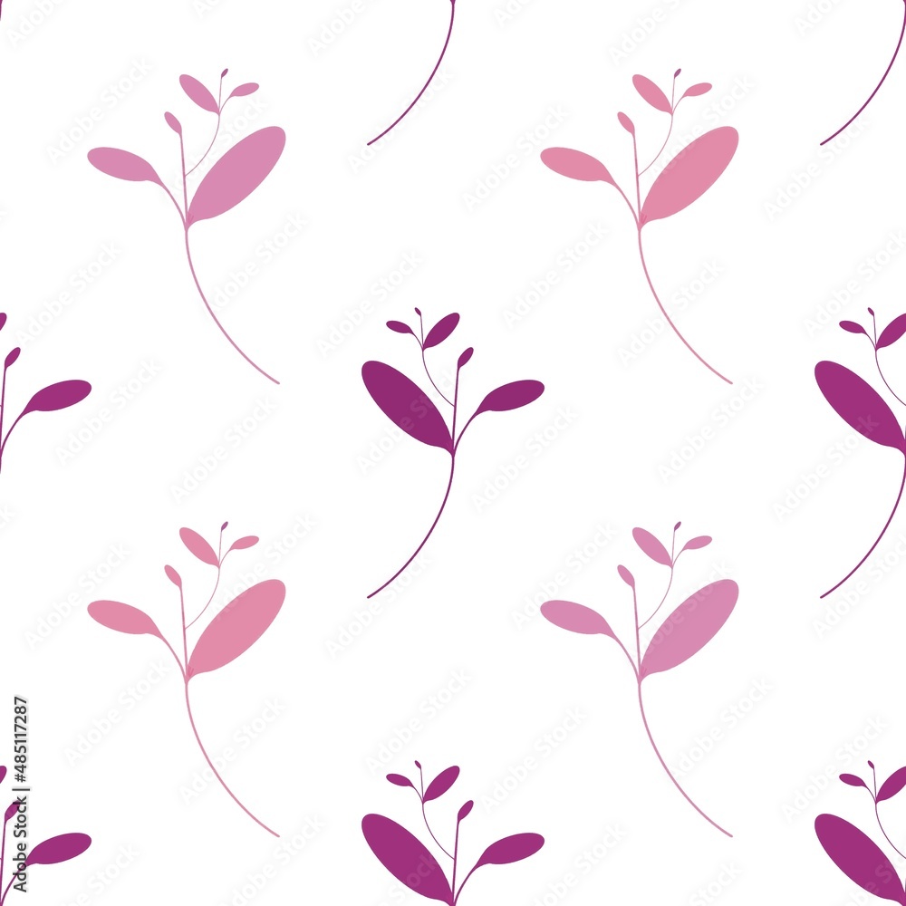 Seamless pattern, purple-pink leaves on the white background designed for wallpaper, clothing, carpet, curtain, and home decoration. Seamless pattern, purple-pink leaves on the white background designed for wallpaper, clothing, carpet, curtain, and home decoration.
