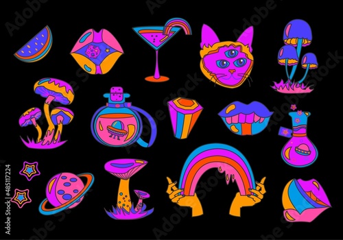 Psychedelic retro surreal elements sticker. Cat character, planets, ufo, mouth, lips, hands with rainbow, poision and mushrooms. Cartoon vector set