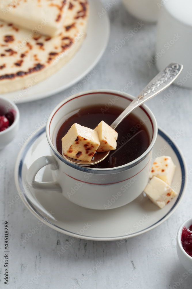 Coffee with Leipajuusto - traditional Finnish baked cheese Coffee with Leipajuusto - traditional Finnish baked cheese