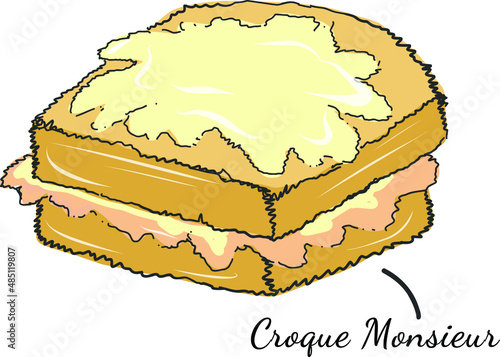 Traditional Croque monsieur a Ham and Cheese Sandwich French food doodle illustration. Doodle styled European traditional Croque Monsieur dish.