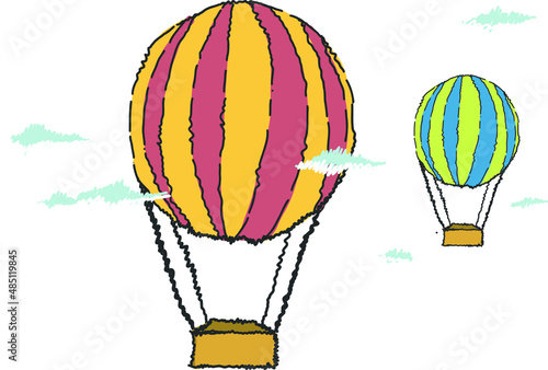 Couple of Hot air balloons over Cappadocia rocks landscape in Europe. Adventure travel in Turkey concept doodled illustration. Summer vacation, travel by air balloon.
