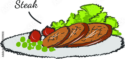 Grilled meat with green vegies tomatoes isolated on white fried steaks. Beef tenderloin. Pork knuckle. Slice of steak, fresh meat. Uncooked pork chop.