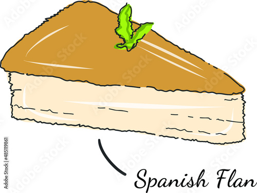 Spanish Dessert Flan, illustration of custard crème confectionery for patisserie menu, with vanilla pudding on dish, cake pouring of caramel syrup