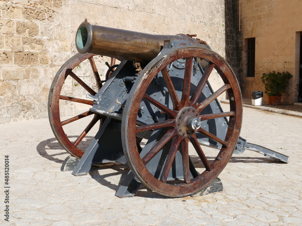 Historic cannon in the courtyard of Castel Sant Carles Military Museum, Palma, Mallorca, Balearic Islands, Spain