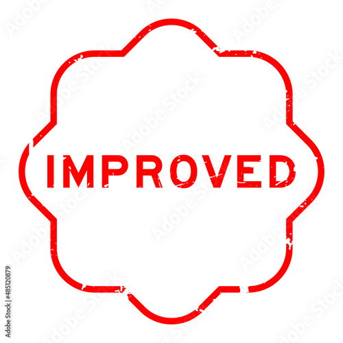 Grunge red improved word rubber seal stamp on white background