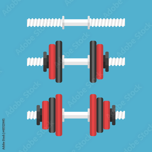 Dumbbells set, empty, light and heavy. Difficulty, progress, sport, fitness, strength, workout and bodybuilding concept. Flat design. Vector illustration. EPS 8, no gradients, no transparency