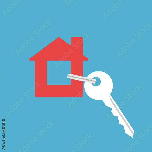 Key with house shaped keychain. Home ownership, real estate, security, relocation and new apartment concept. Flat design. Vector illustration. EPS 8, no gradients, no transparency