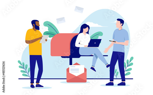 Working on newsletter - Business people in casual clothing planning newsletters together. Flat design vector illustration with white background